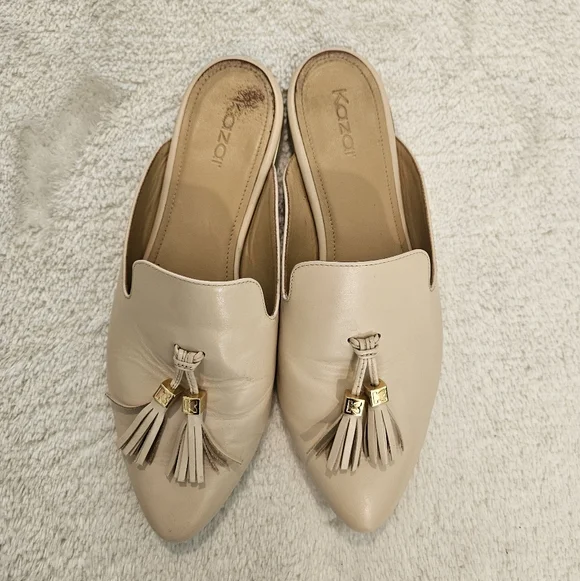 Beige Tassel Leather Mules Size 9 Tan Neutral Business Casual Minimalist Work - Picture 14 of 14